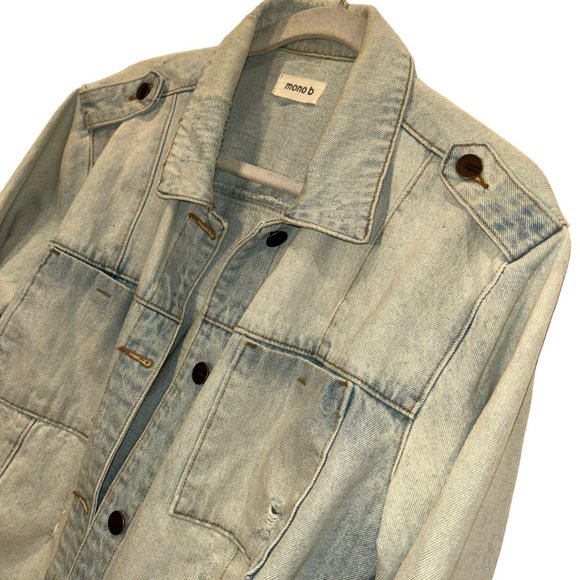 mono b light wash denim chambray epaulets jean jacket L - Picture 2 of 5